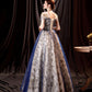 Blaues langes Abendkleid aus Tüll mit Pailletten 10361