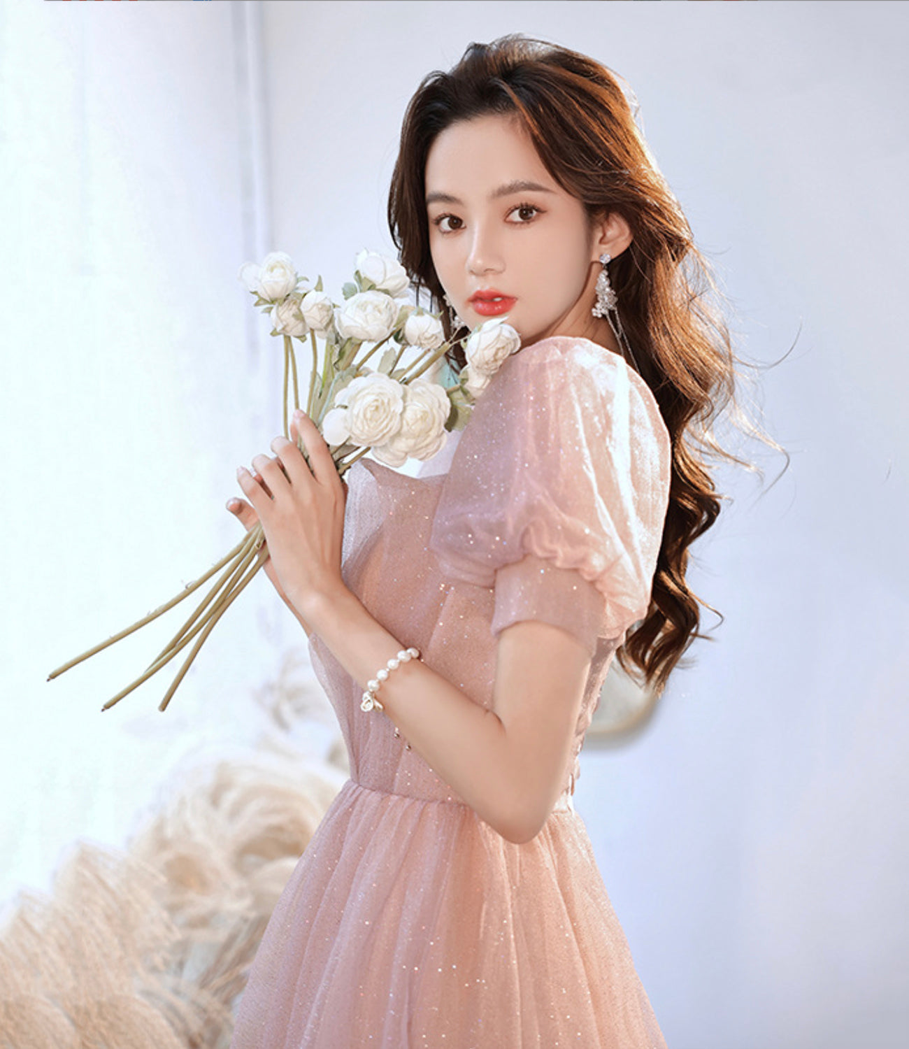 Robe de soirée longue en tulle rose mignonne, coupe A, 10524