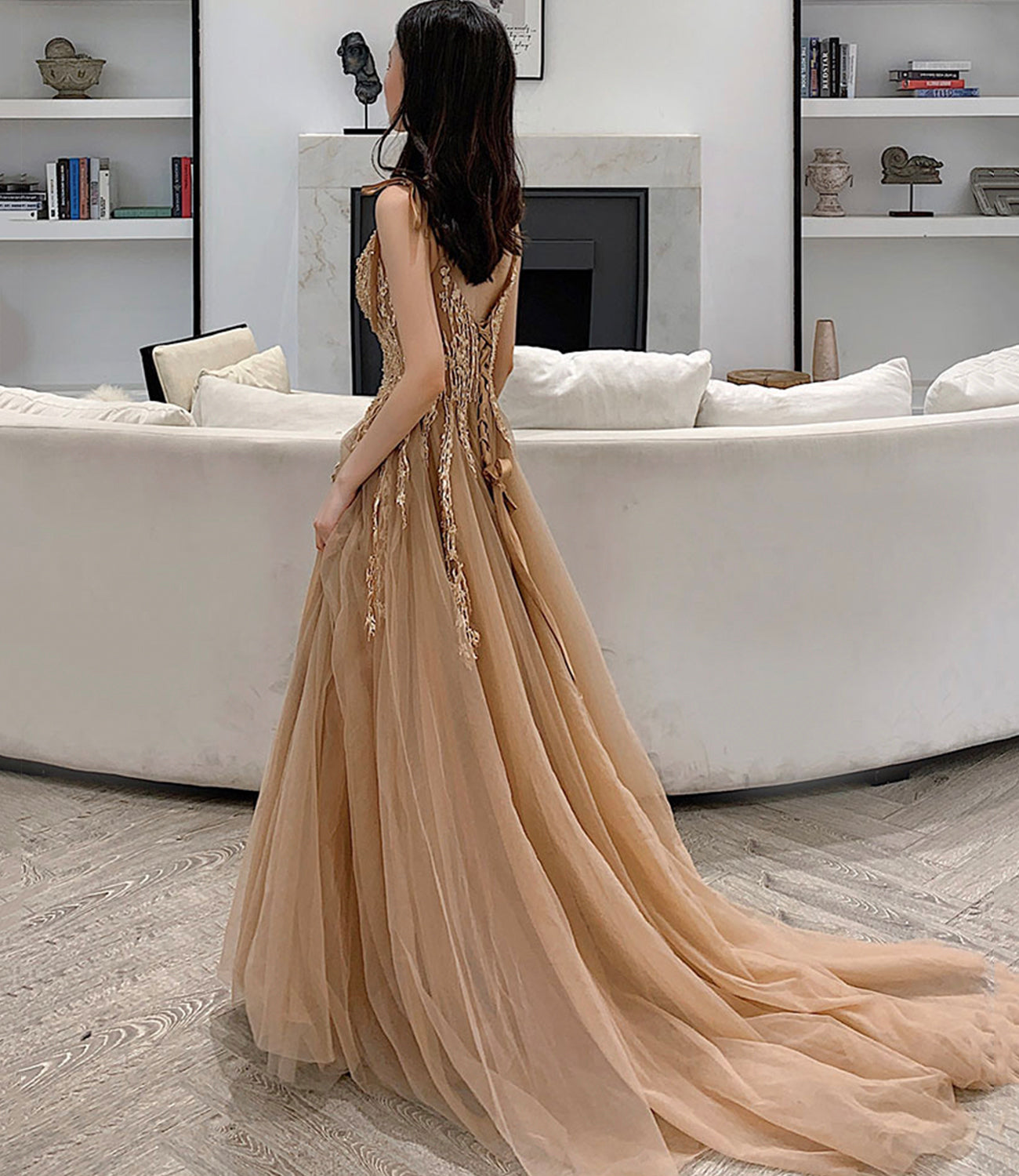 Cute A line v neck lace long prom dress evening dress  10364