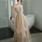 Robe de soirée longue en tulle et dentelle champagne Robe de soirée trapèze 10339