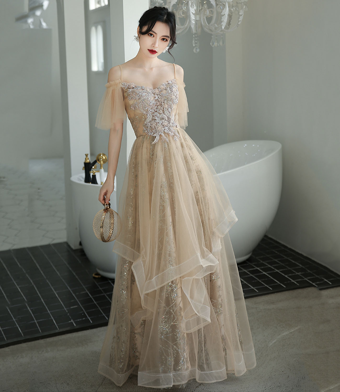 Robe de soirée longue en tulle et dentelle champagne Robe de soirée trapèze 10339