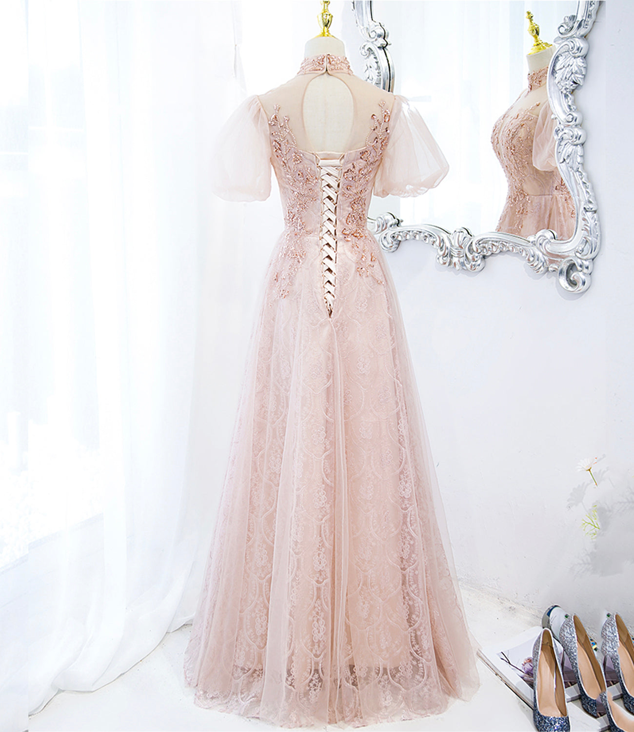 Rosa Tüll Perlen langes Ballkleid A-Linie Abendkleid 10400