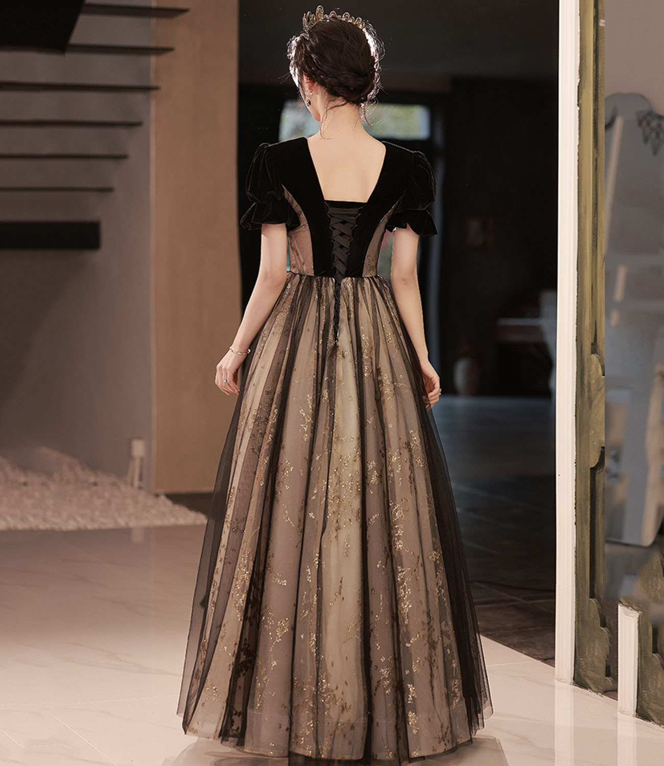 Langes Ballkleid aus schwarzem Tüll mit Pailletten A-Linie Abendkleid 10441