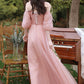 Pink tulle long prom dress A line evening dress  10587