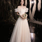Champagne tulle long prom dress A line evening dress  10423