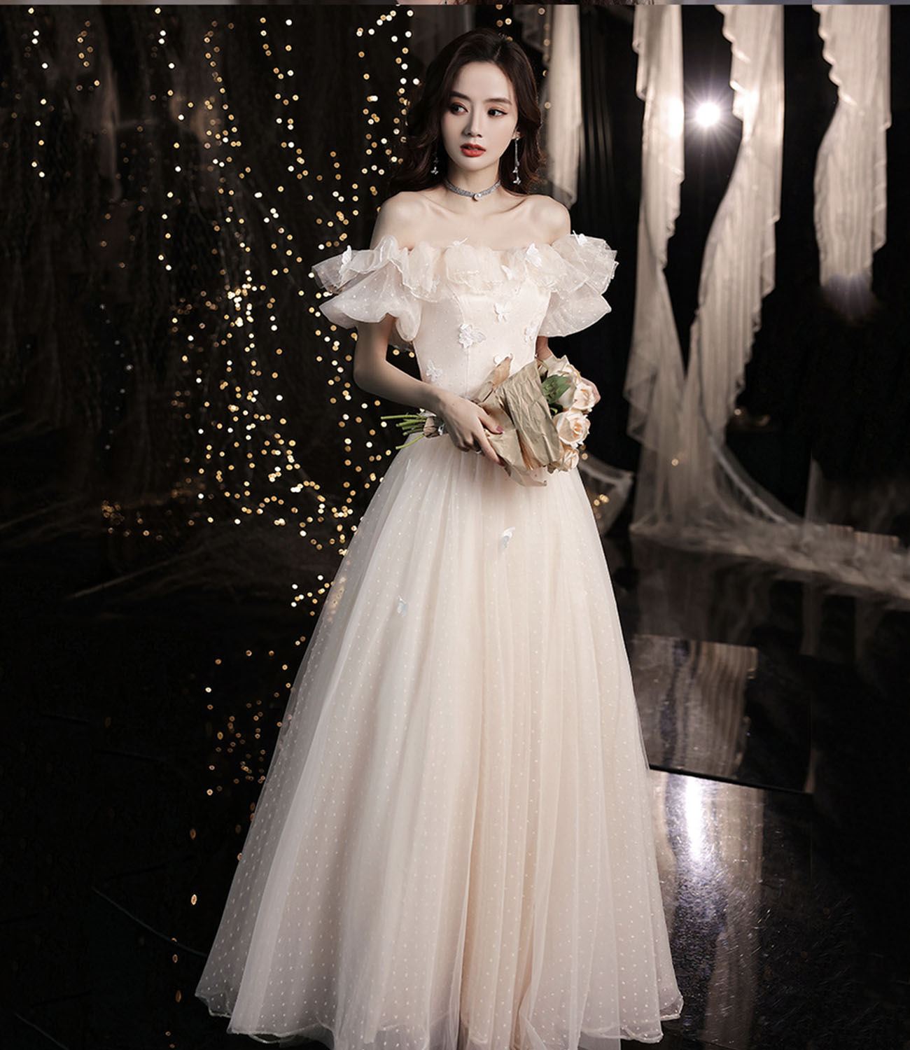 Champagne tulle long prom dress A line evening dress  10423