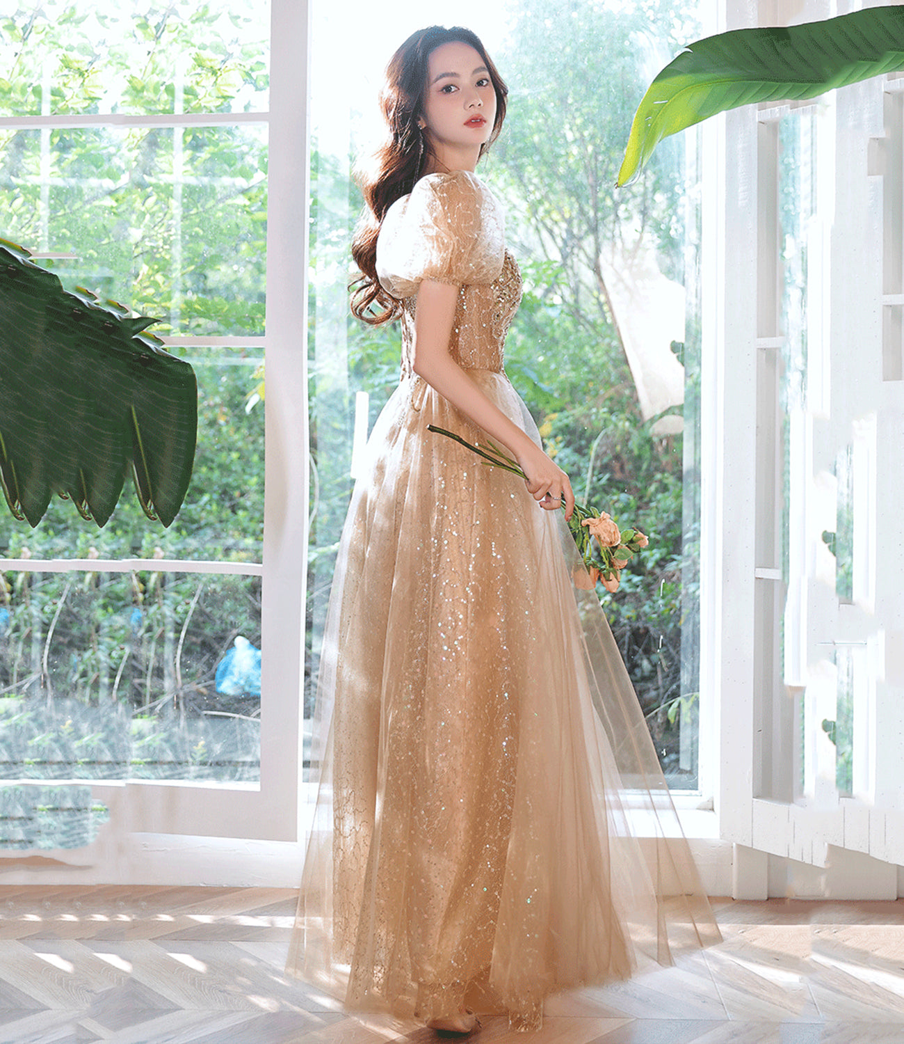 Robe de soirée longue en tulle brillant à paillettes Robe de soirée trapèze 10389