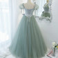 Green satin tulle long prom dress A line evening dress  10445