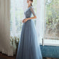 Langes Ballkleid aus blauem Tüll mit Perlen A-Linie Abendkleid 10333