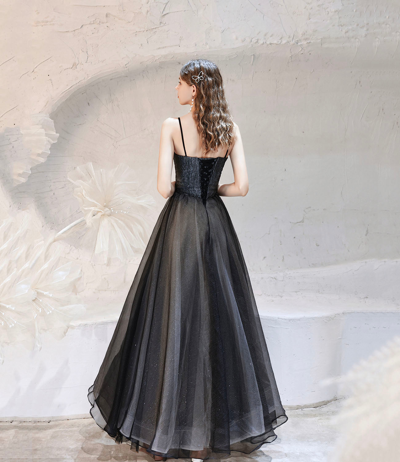 Robe de soirée longue en tulle noir Robe de soirée trapèze 10416