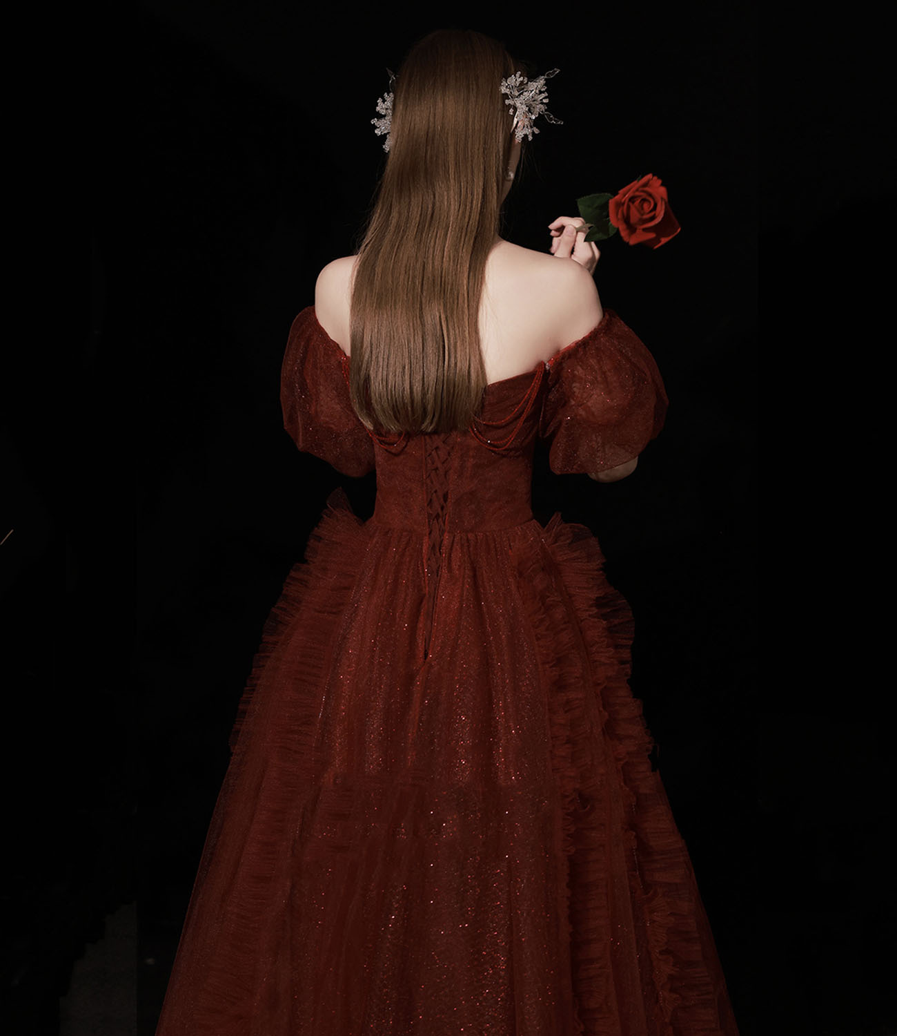 Burgund Tüll langes Ballkleid A-Linie Abendkleid 10439