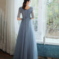Langes Ballkleid aus blauem Tüll mit Perlen A-Linie Abendkleid 10333
