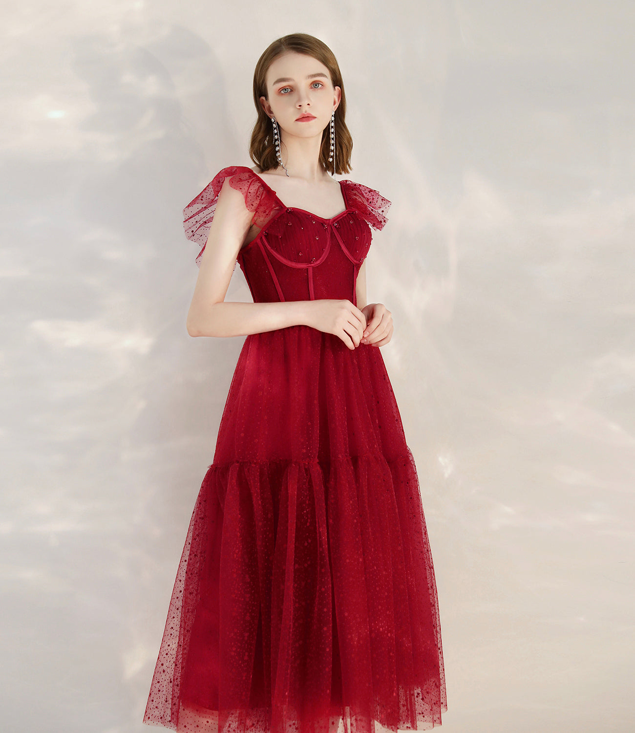 Robe de cocktail courte en tulle rouge avec ligne A 10399