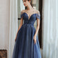 Langes Ballkleid aus blauem Tüll mit Pailletten blaues Abendkleid 10477