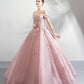 Rosa Tüll Spitze langes Ballkleid A-Linie Abendkleid 10359