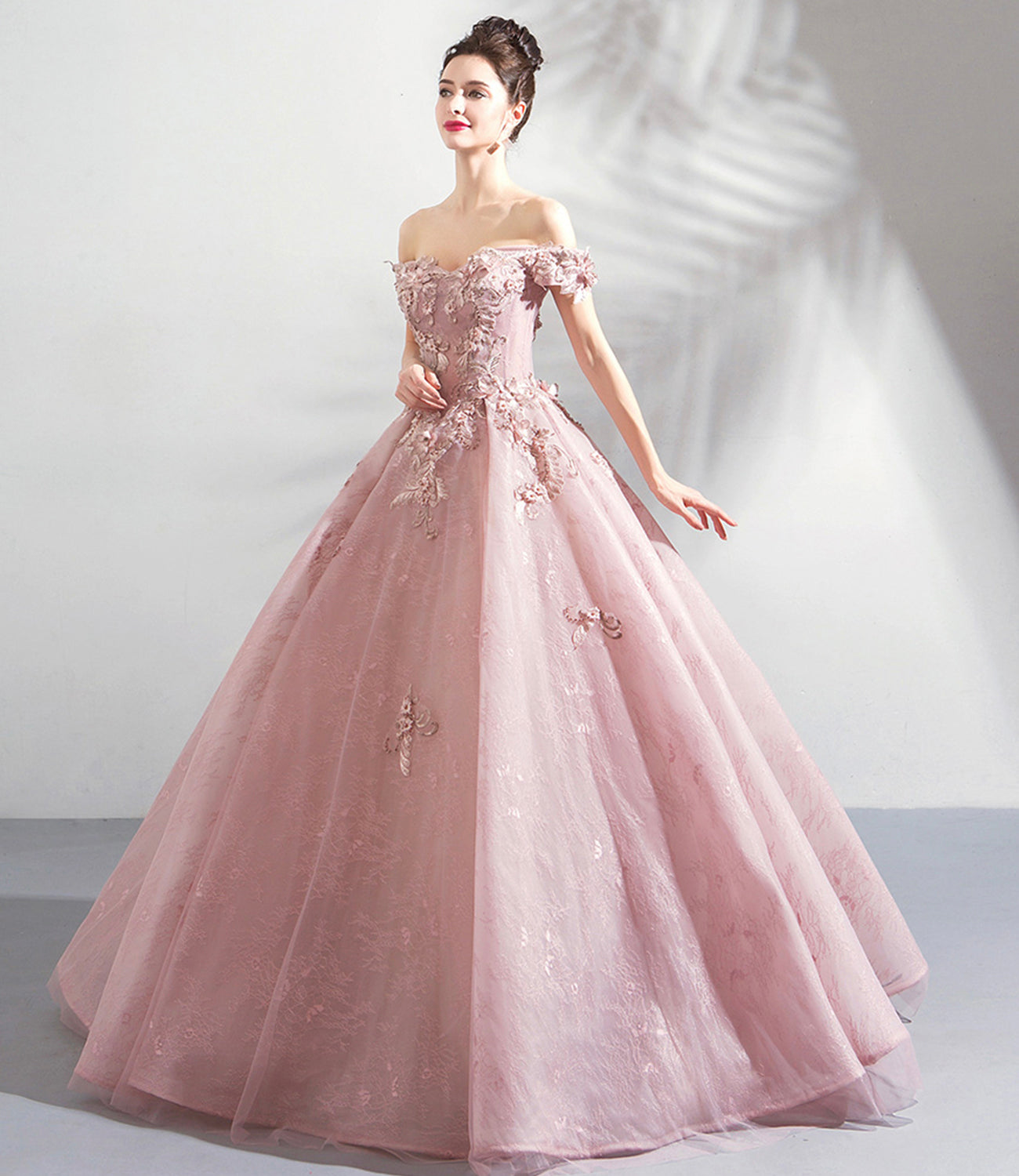 Rosa Tüll Spitze langes Ballkleid A-Linie Abendkleid 10359