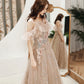 Robe de soirée longue en tulle à paillettes champagne 10390