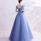 Robe de bal longue en tulle bleu et dentelle Robe de soirée trapèze 10455