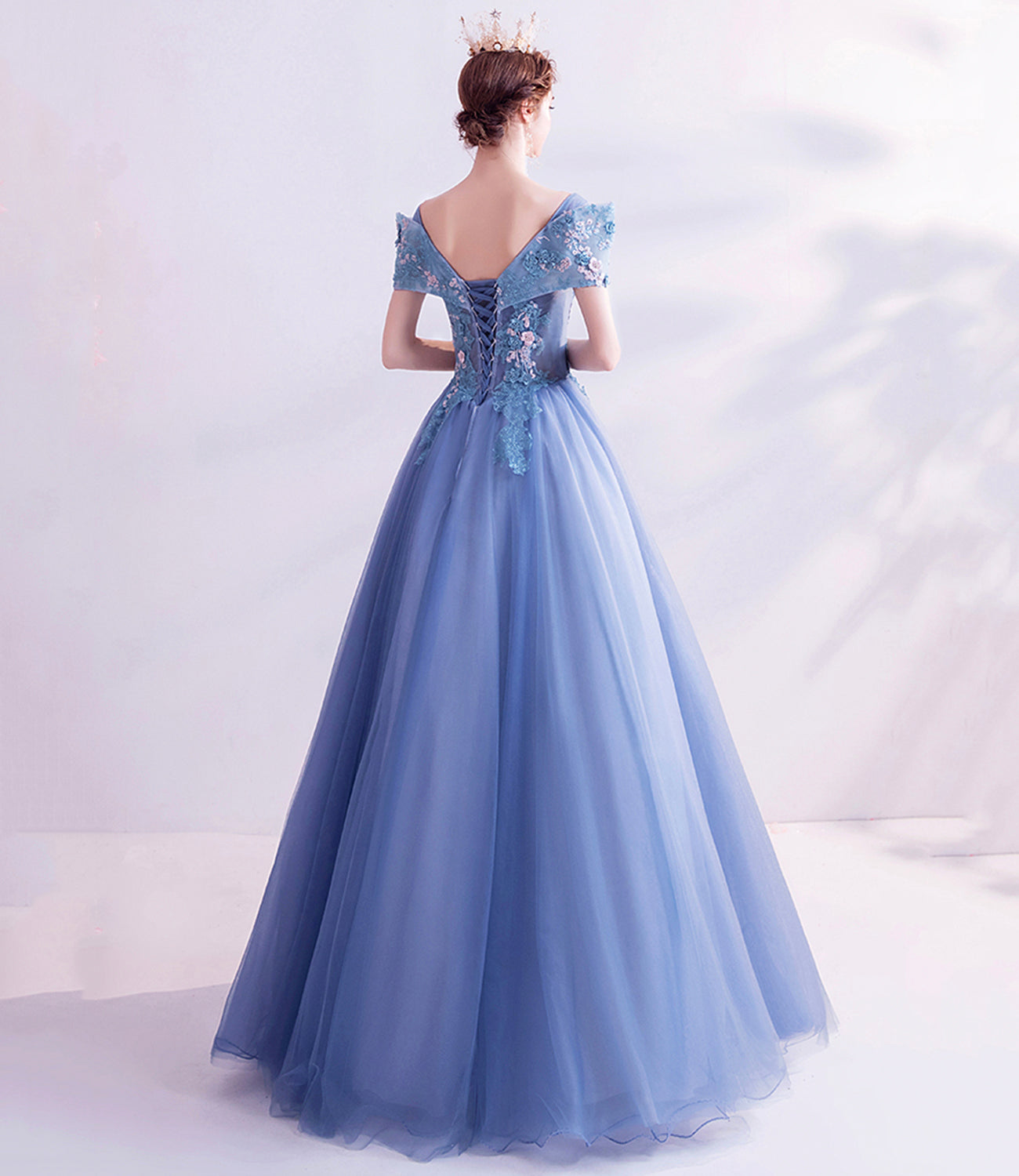 Robe de bal longue en tulle bleu et dentelle Robe de soirée trapèze 10455