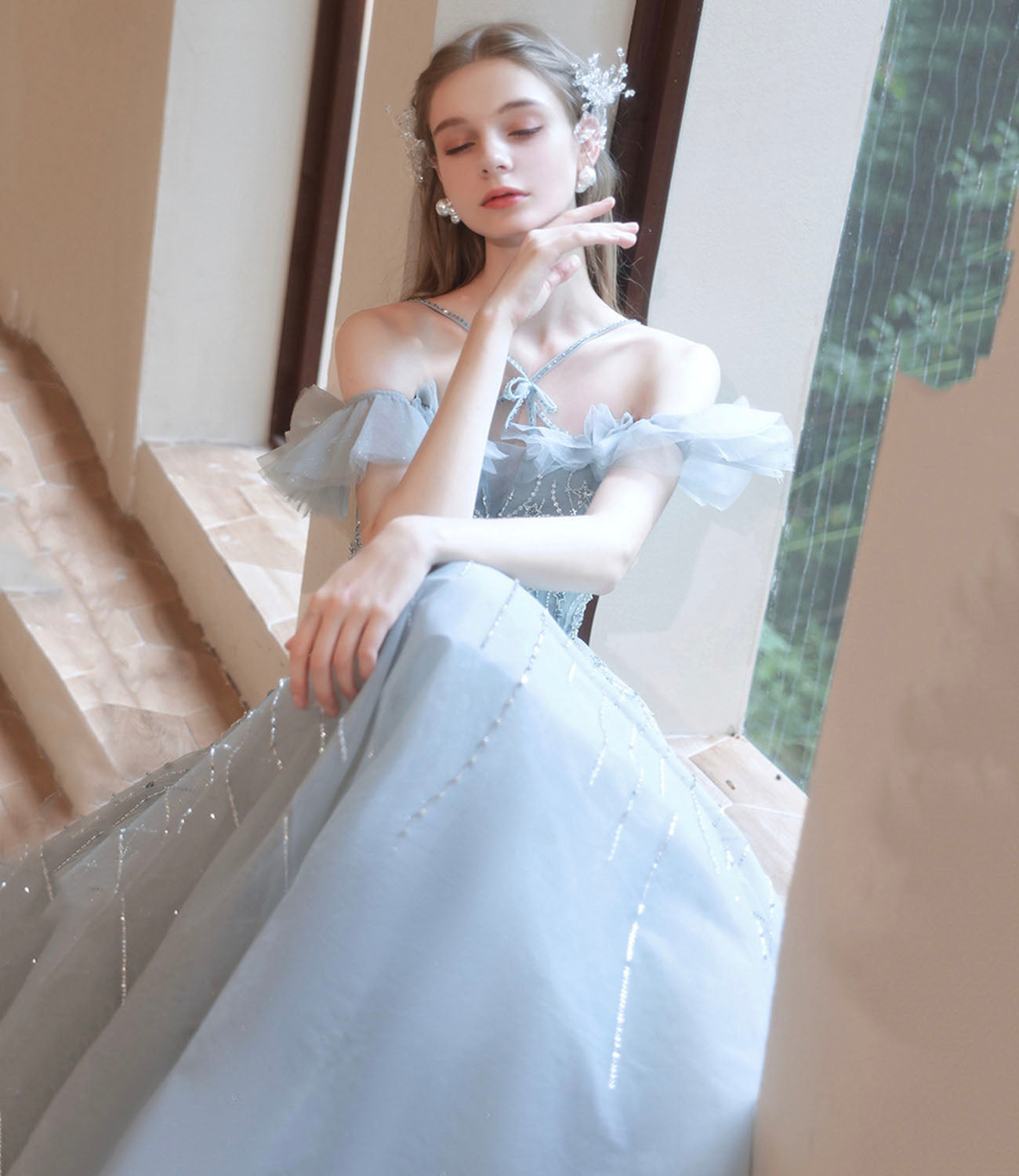 Gray tulle beads long prom dress A line evening dress  10425