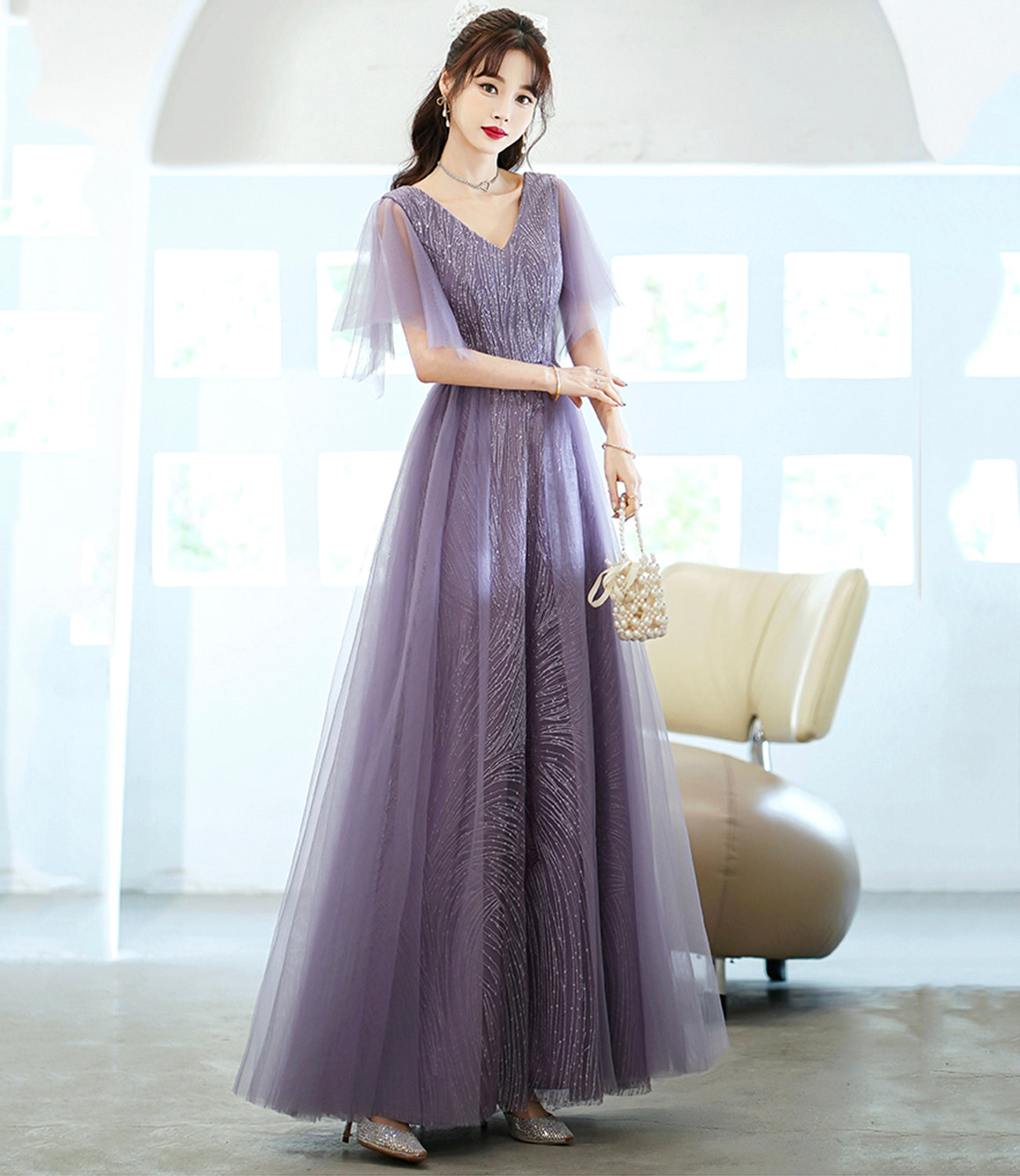 Lila Tüll Pailletten langes Ballkleid A-Linie Abendkleid 10462