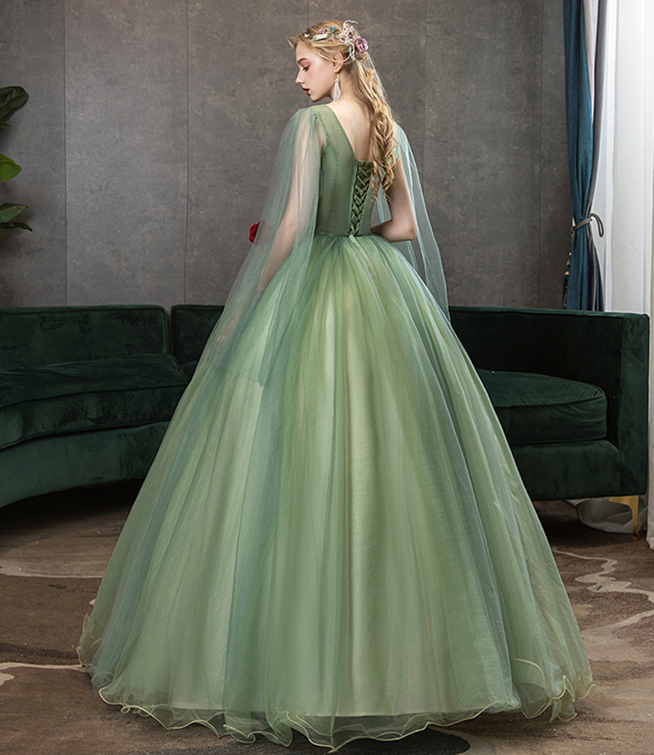 Langes Ballkleid aus grüner Tüllspitze A-Linie Abendkleid 10342