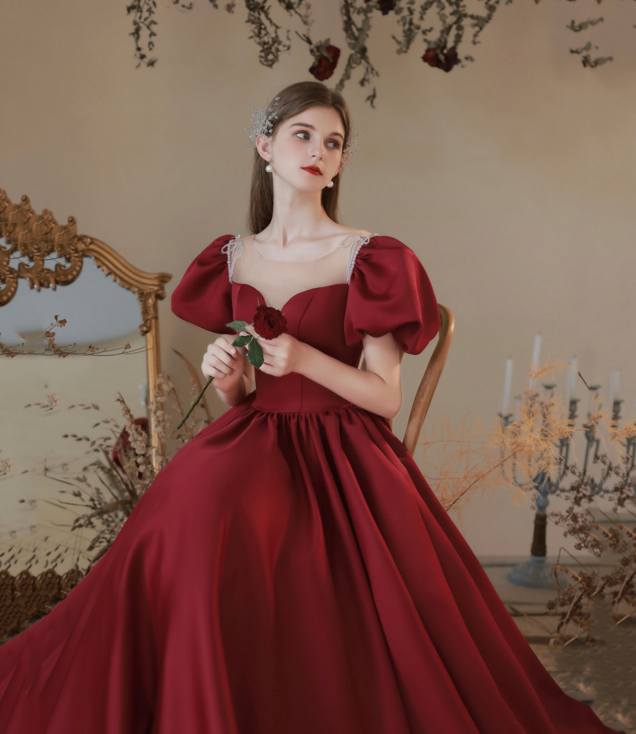 Burgundy satin long prom dress A line evening dress  10373