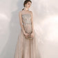 Champagner Tüll Pailletten langes Ballkleid A-Linie Abendkleid 10472
