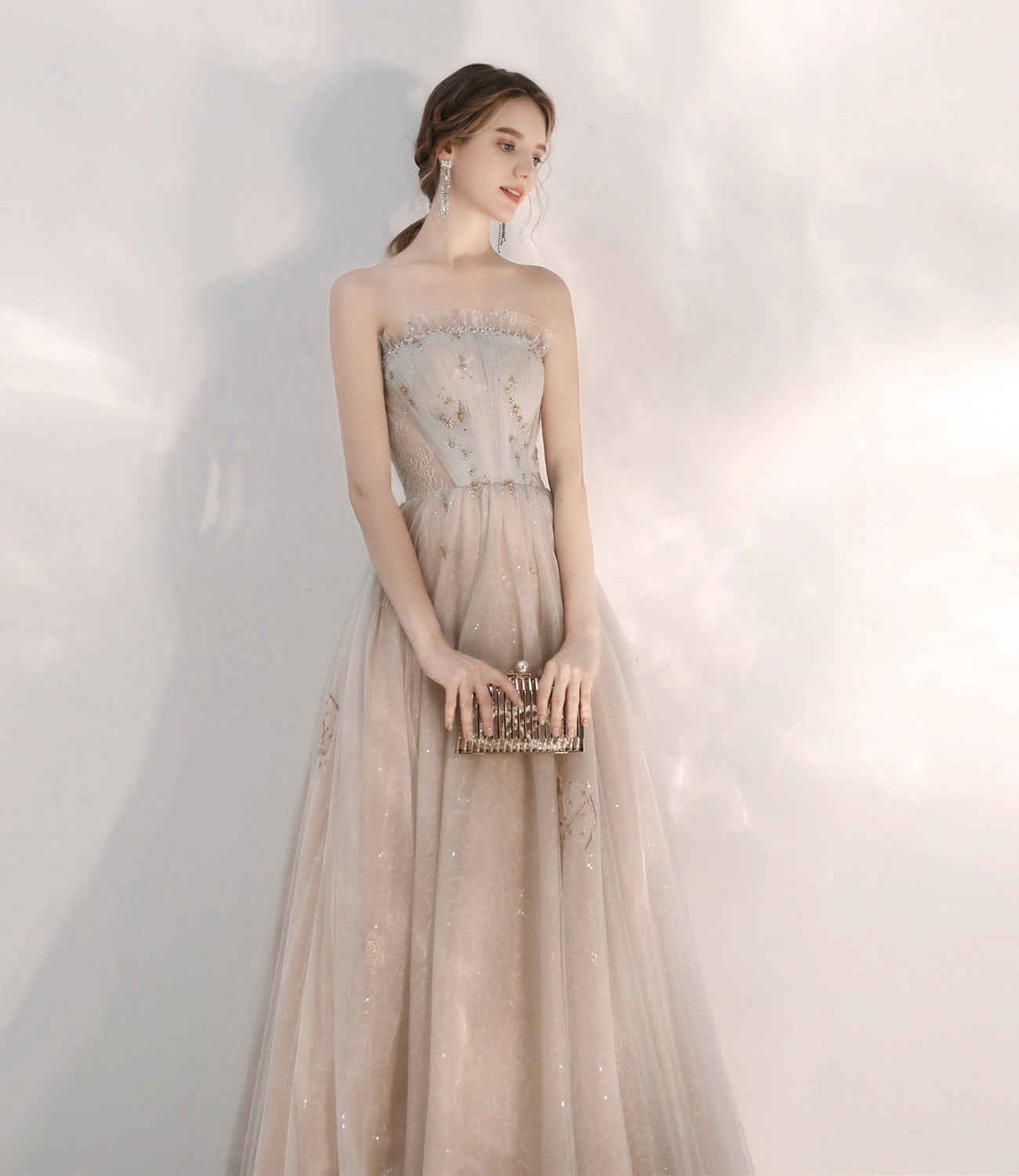 Champagner Tüll Pailletten langes Ballkleid A-Linie Abendkleid 10472