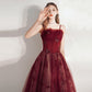 Burgundy tulle long prom dress A line evening gown  10374