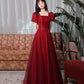 Burgundy satin tulle long prom dress A line evenig dress  10383