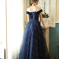 Robe de soirée longue en tulle et velours bleu 10384