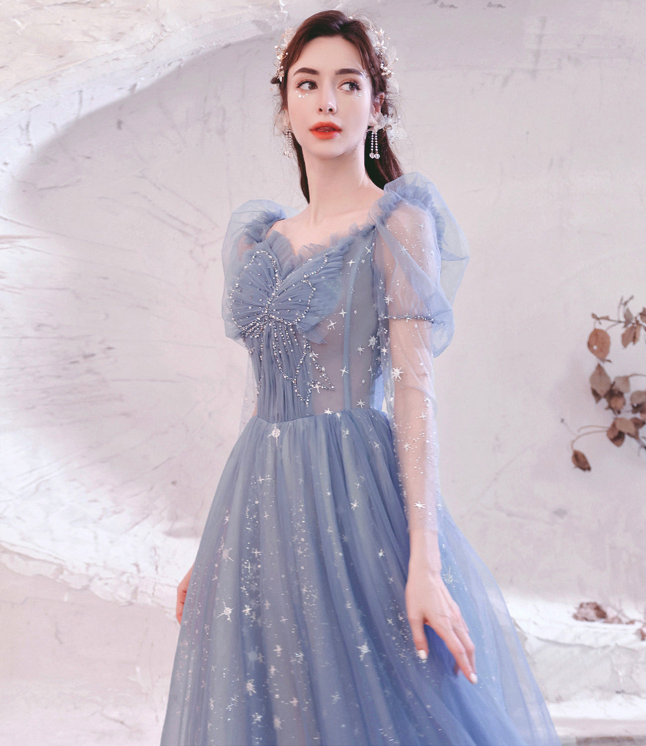 Blue tulle long A line prom dress blue evening dress  10530