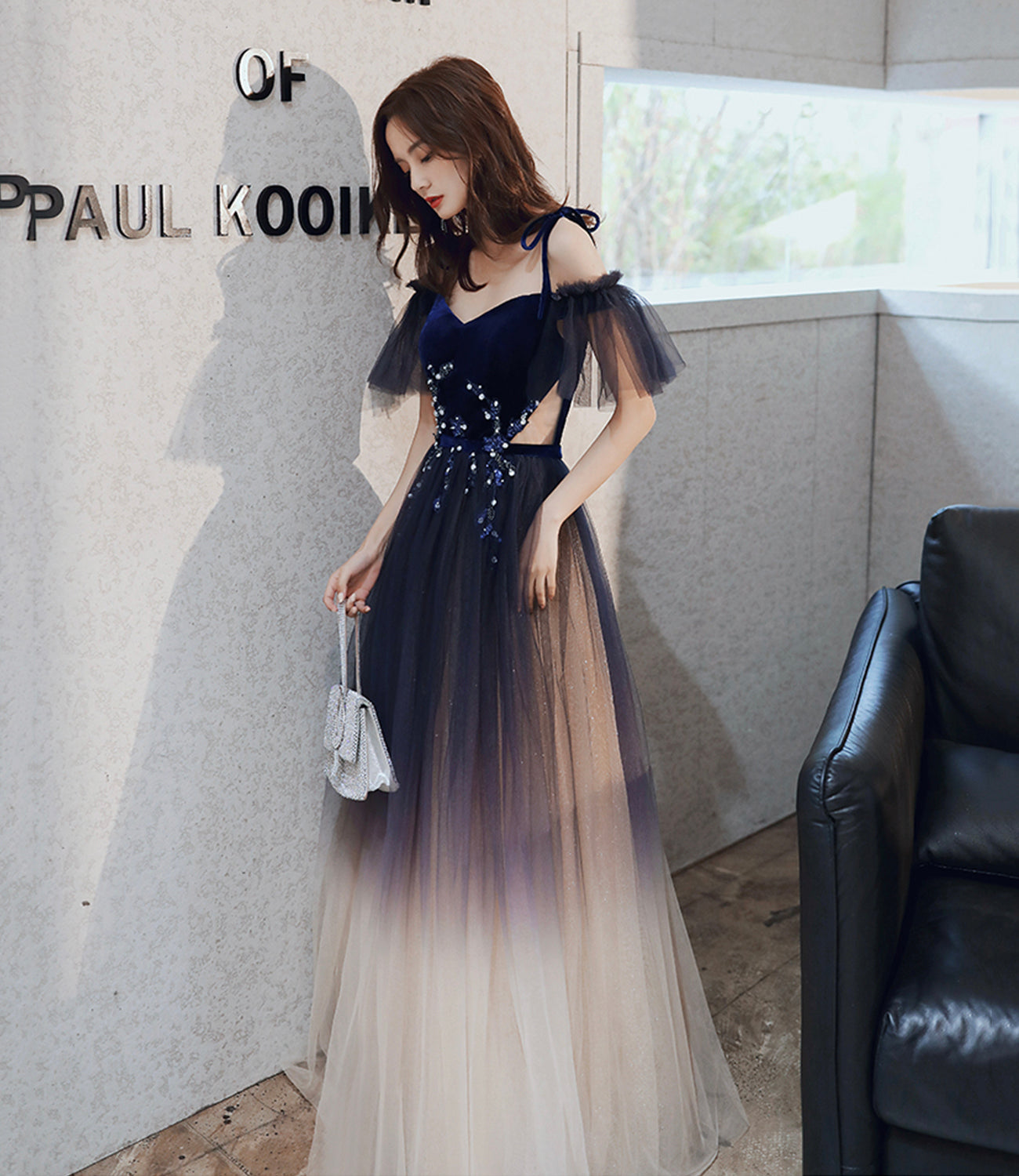 Langes Ballkleid aus blauem Samt-Tüll Abendkleid in A-Linie 10365