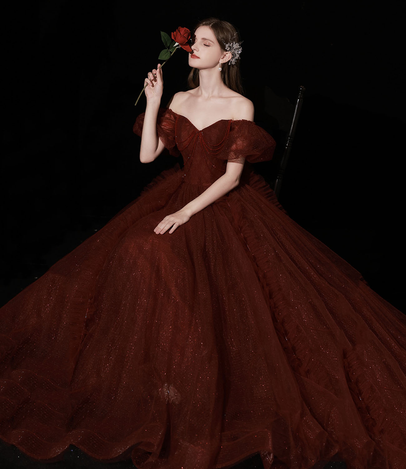 Burgund Tüll langes Ballkleid A-Linie Abendkleid 10439