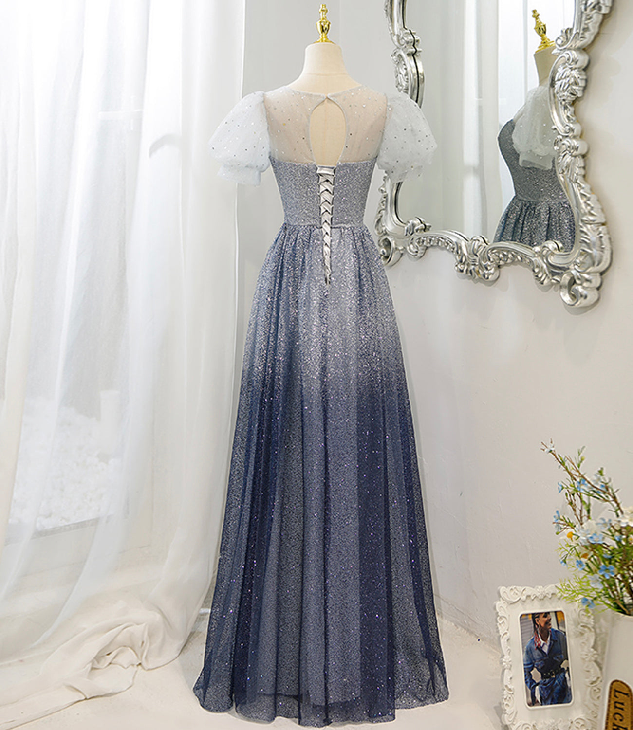 Gray tulle beads long prom dress A line evening dress  10483