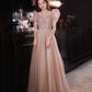 Rosa Tüll Perlen langes Ballkleid A-Linie Abendkleid 10320
