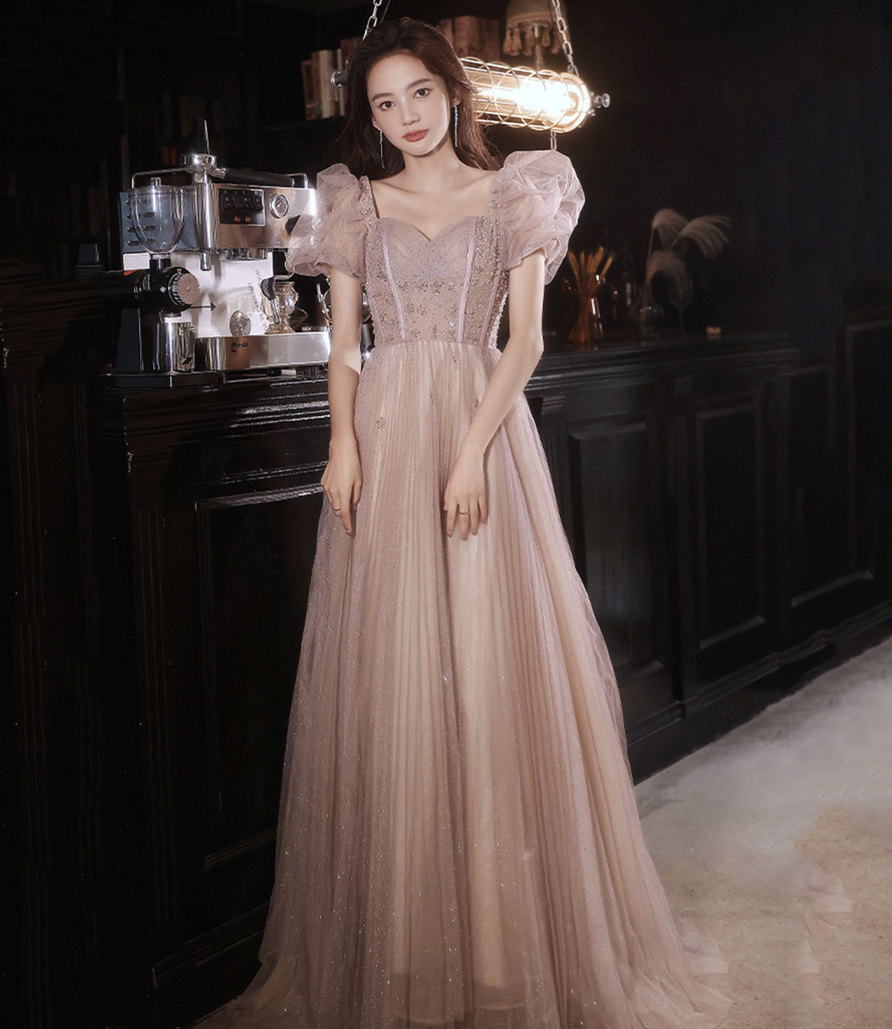 Rosa Tüll Perlen langes Ballkleid A-Linie Abendkleid 10320