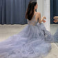 Blue tulle beads long prom dress blue evening dress  10453