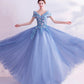 Robe de bal longue en tulle bleu et dentelle Robe de soirée trapèze 10455