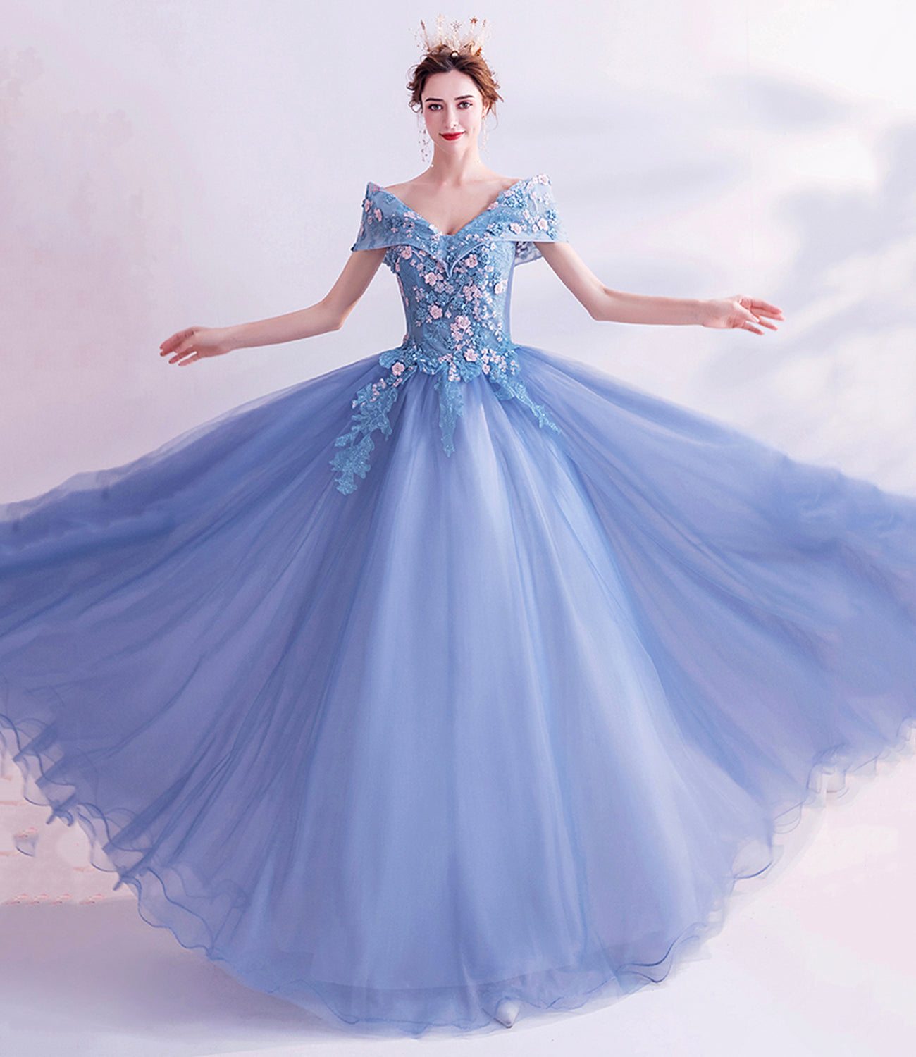 Robe de bal longue en tulle bleu et dentelle Robe de soirée trapèze 10455