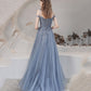 Blue tulle sequins long prom dress blue evening dress  10478