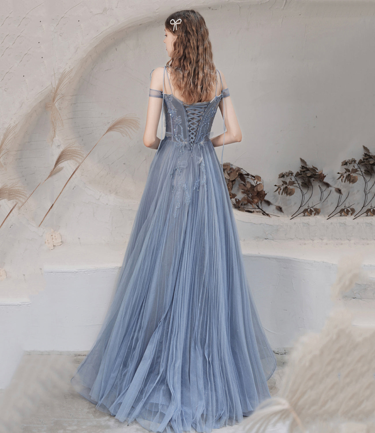 Blue tulle sequins long prom dress blue evening dress  10478