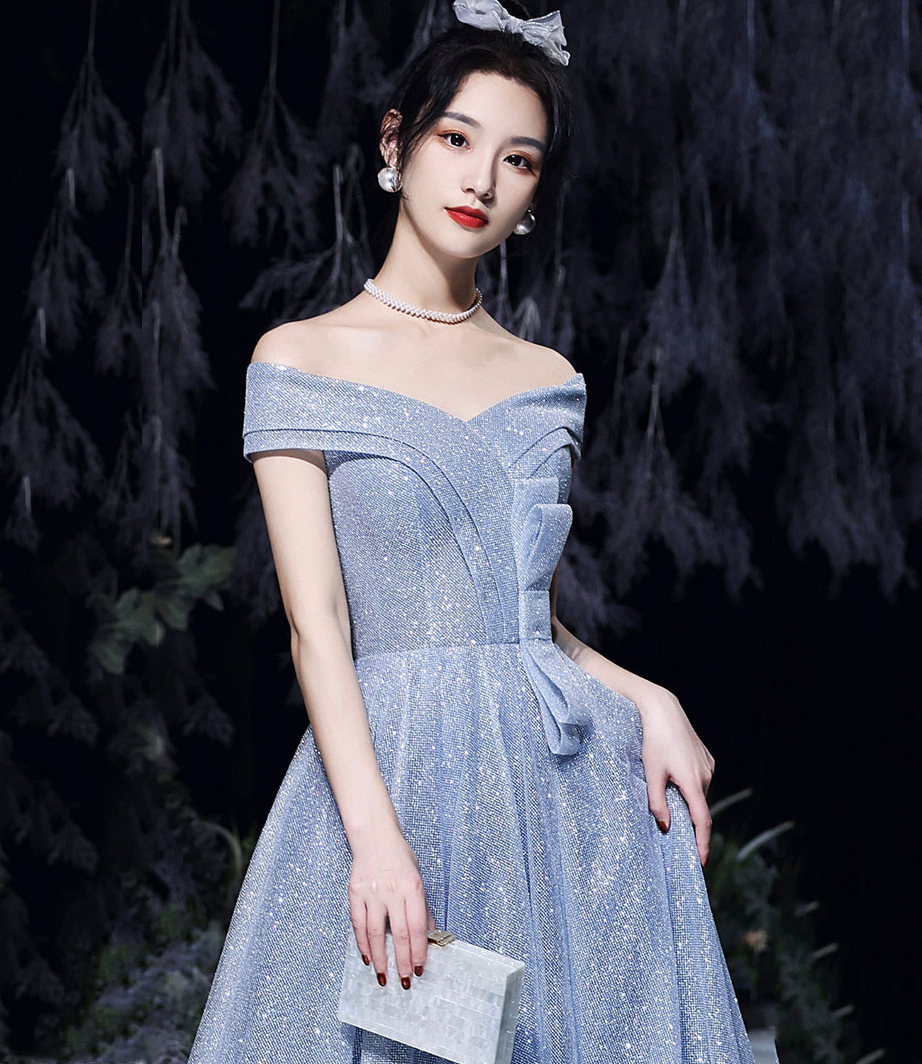 Blue tulle sequins long prom dress blue evening dress  10465