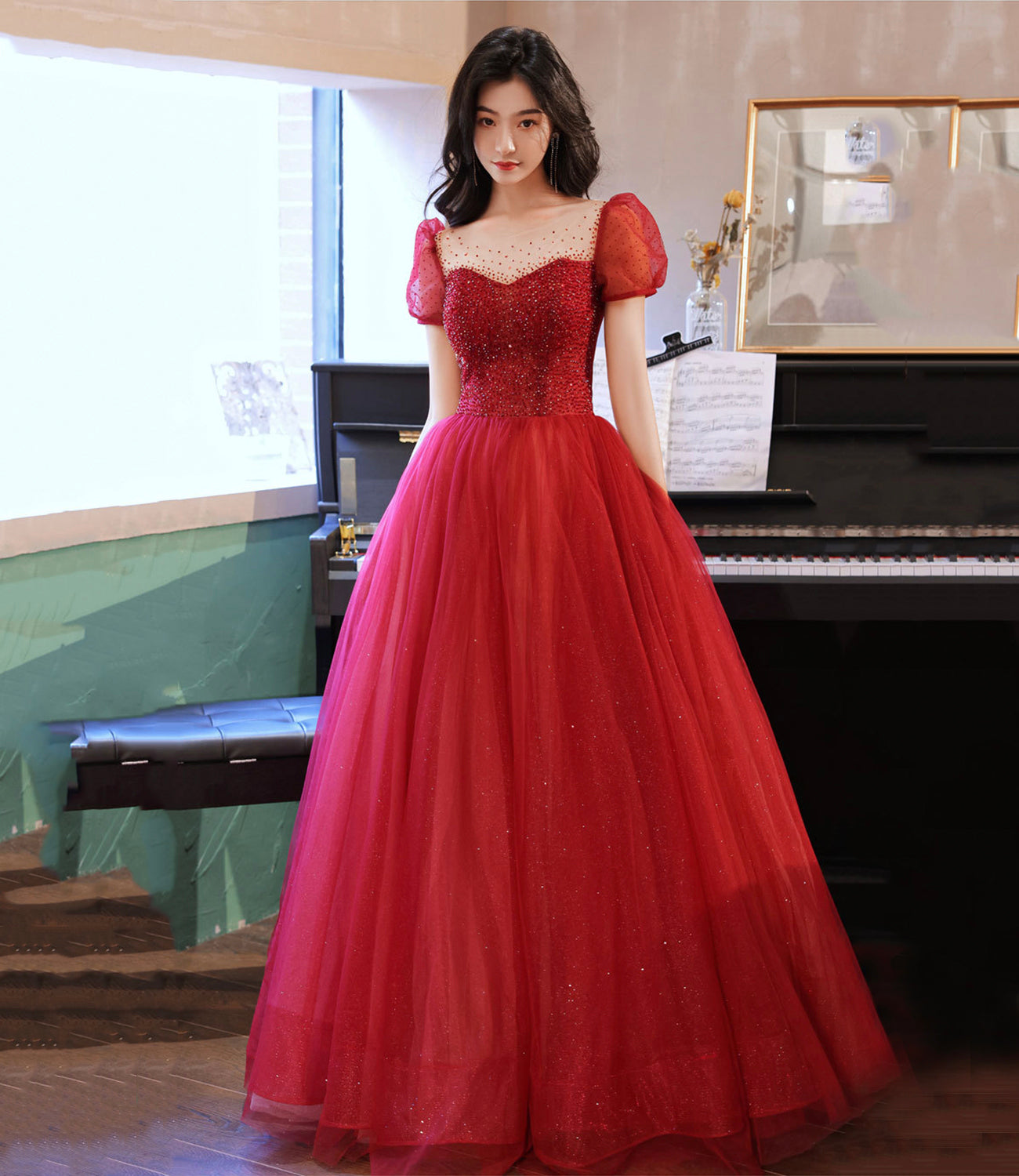 Burgund Tüll Perlen langes Ballkleid Abendkleid 10315
