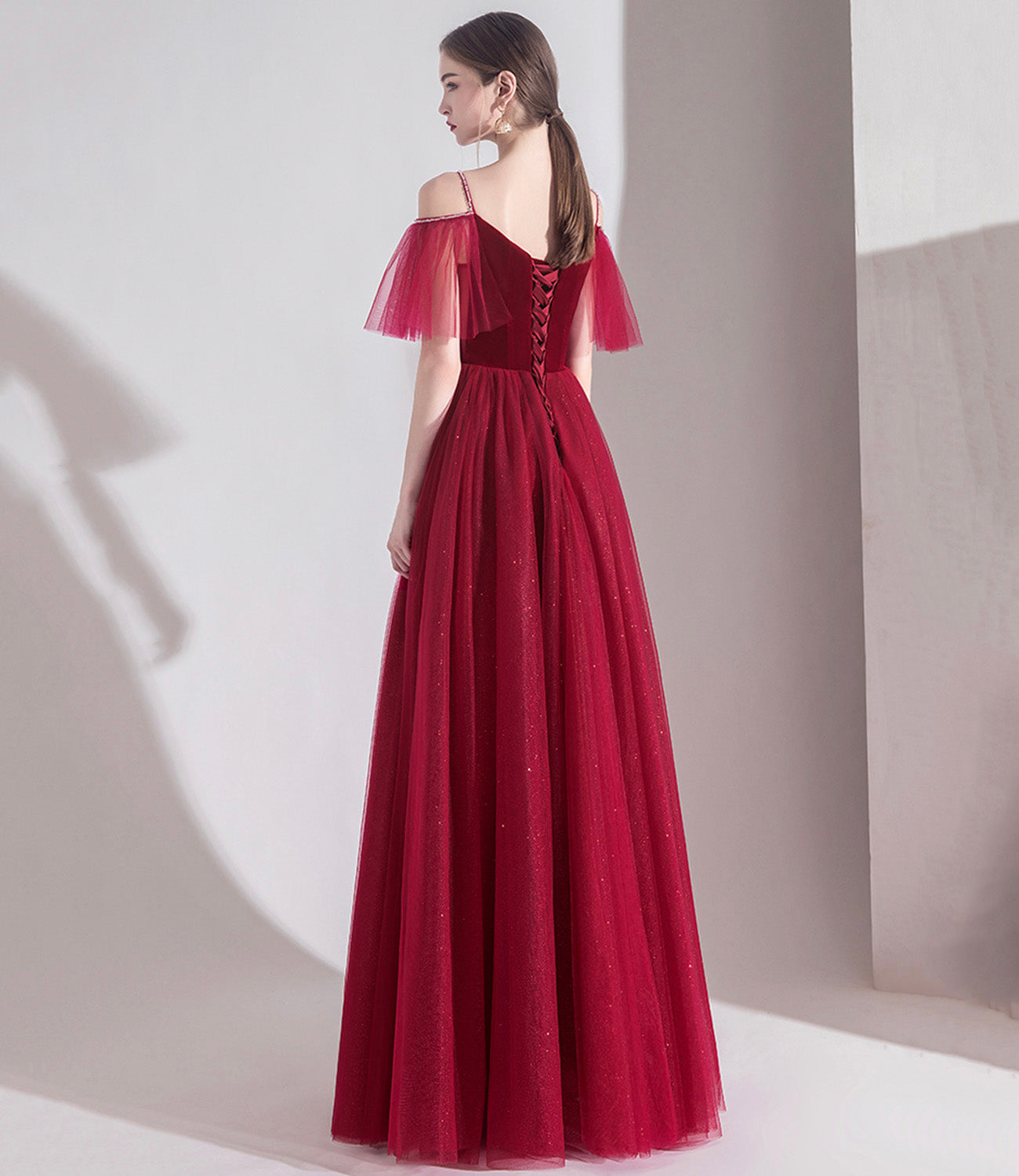 Bugundy Samt Tüll langes Ballkleid A-Linie Abendkleid 10553