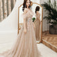 Robe de soirée longue en tulle à paillettes champagne 10390