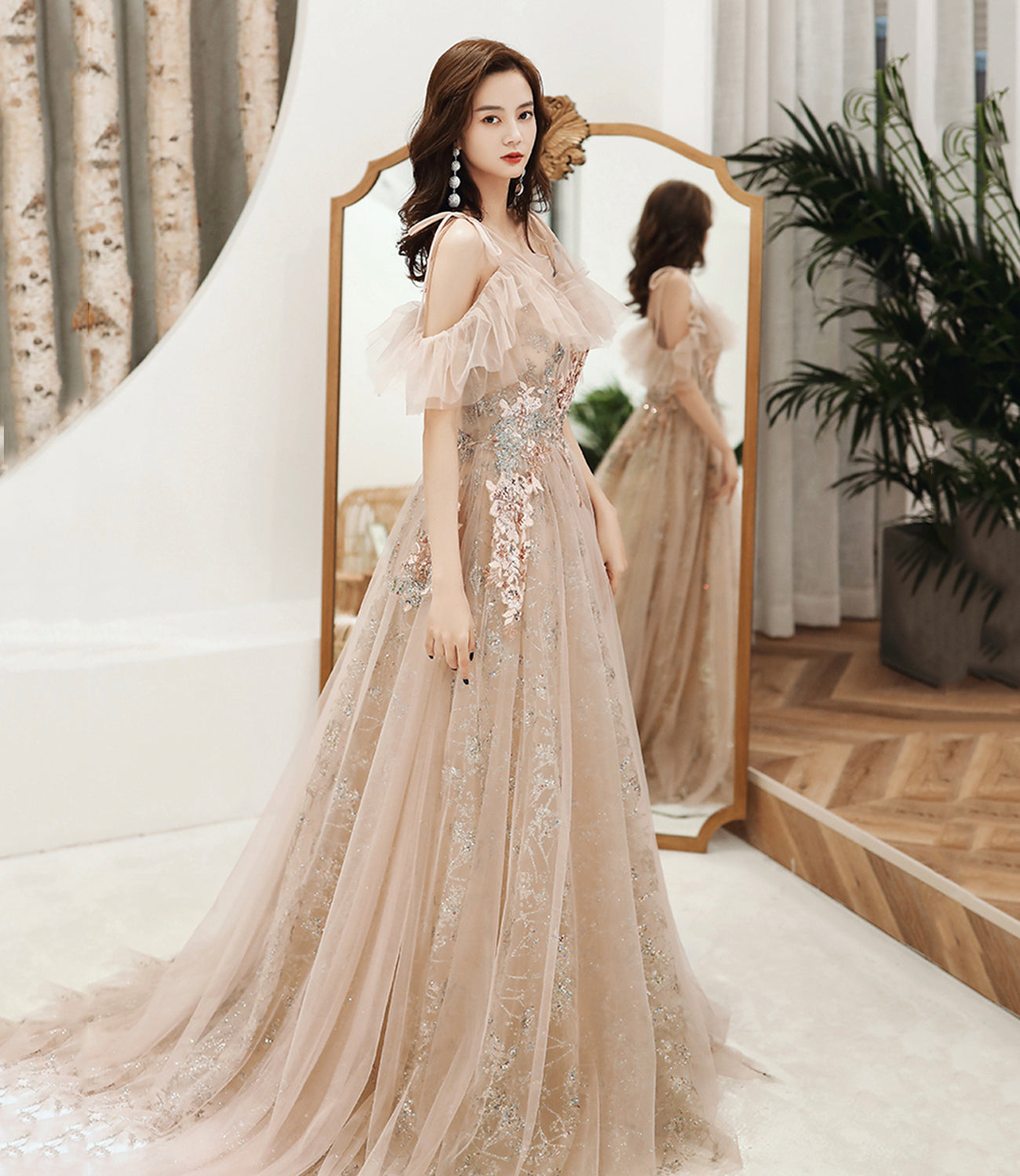 Robe de soirée longue en tulle à paillettes champagne 10390