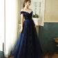 Robe de soirée longue en tulle et velours bleu 10384