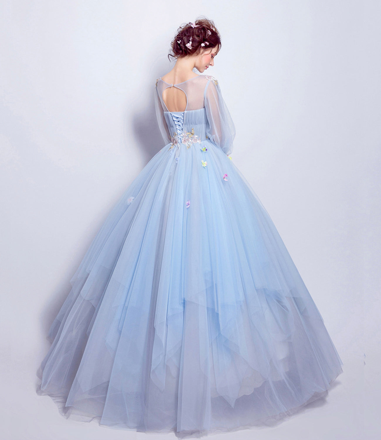 Langes Ballkleid aus blauem Tüll mit Pailletten blaues Abendkleid 10360